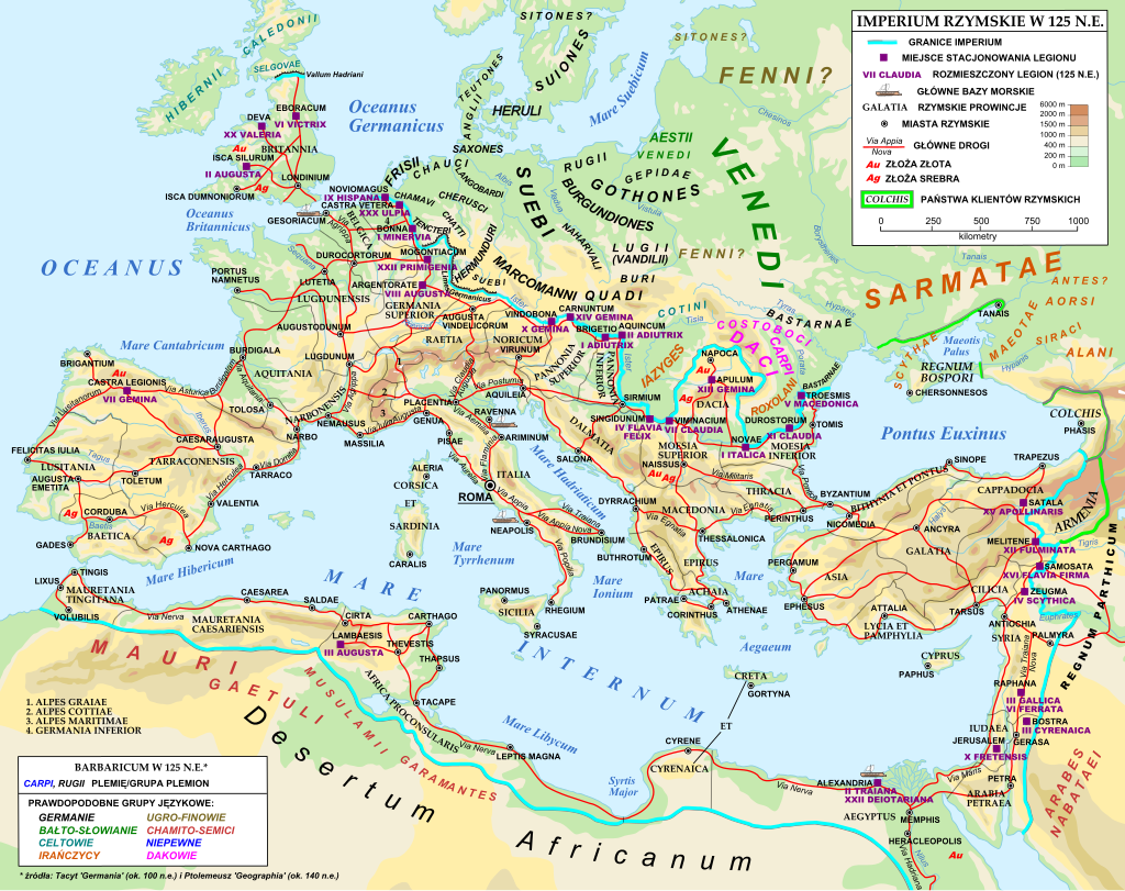 Rzym starożytny - drogi - obrazy - Roman_Empire_125_pl.svg. Mapa dróg rzymskich w czasach Hadriana ok. 125 r.n.e.png
