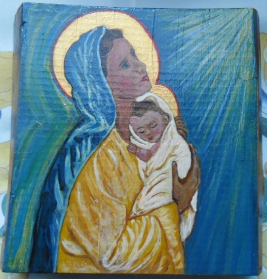 ikony i obrazy sakralne - Matka Boska z Dzieciątkiem Jezus-na desce15 x 14 cm.JPG