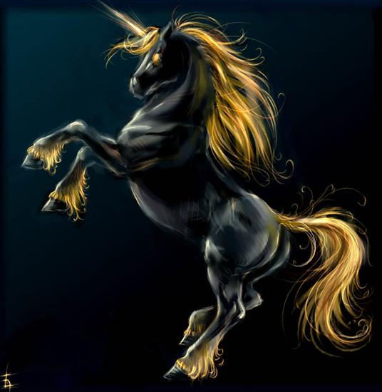 jednorożce, pegazy i inne magiczne konie - Black_unicorn_by_SnowSkadi.jpg